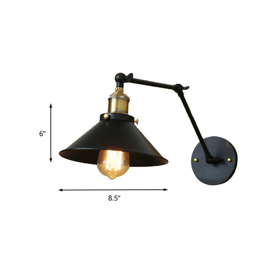 Vintage Black Finish Conic Sconce Light Fixture With Adjustable Metallic Arm - Ideal Wall Lighting