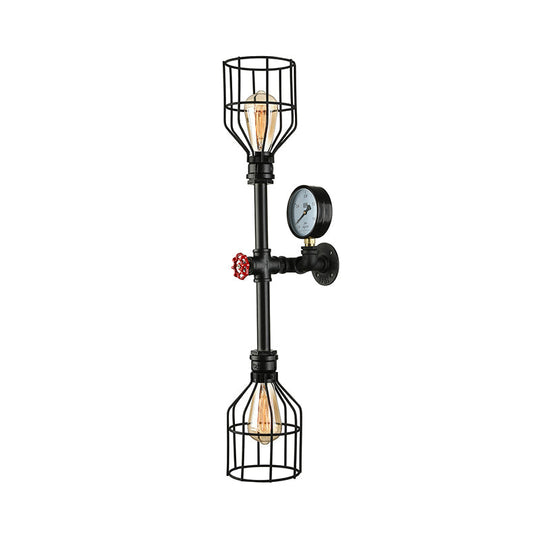 Industrial Metal Wall Sconce With 2 Bulbs Cage Shade And Gauge - Black Finish