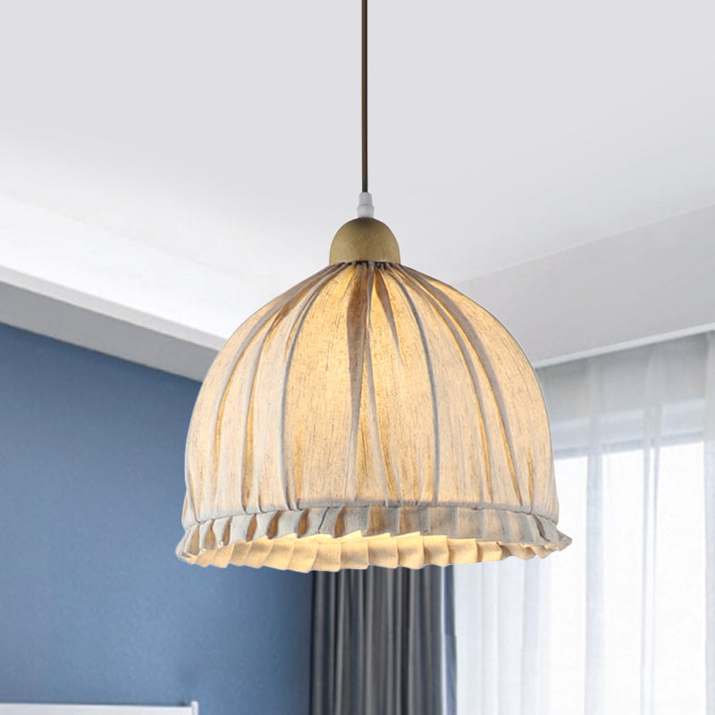Retra 1-Light Bowl Fabric Suspended Pendant In Cream Gray With Wooden Top - 14/16 W For Dining Room