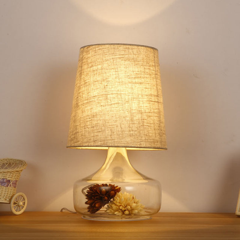 Pastoral Cream Gray Fabric Desk Lamp With Clear Glass Base - Bedroom Night Light
