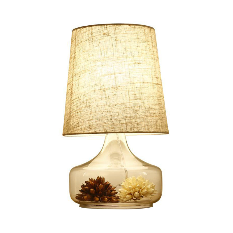Pastoral Cream Gray Fabric Desk Lamp With Clear Glass Base - Bedroom Night Light
