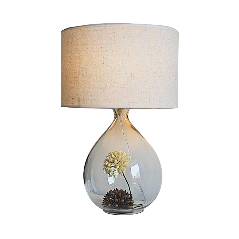 Natalie - Pastoral Drum Restaurant Table Light Pastoral Fabric 1-Head Cream Gray Night Lamp with Clear Glass Base and Dried Flower