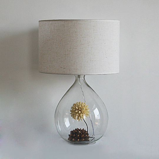 Pastoral Fabric Drum Table Lamp With Clear Glass Base - Cream Gray 1-Head Night Light Dried Flower