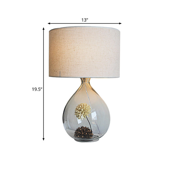 Natalie - Pastoral Drum Restaurant Table Light Pastoral Fabric 1-Head Cream Gray Night Lamp with Clear Glass Base and Dried Flower