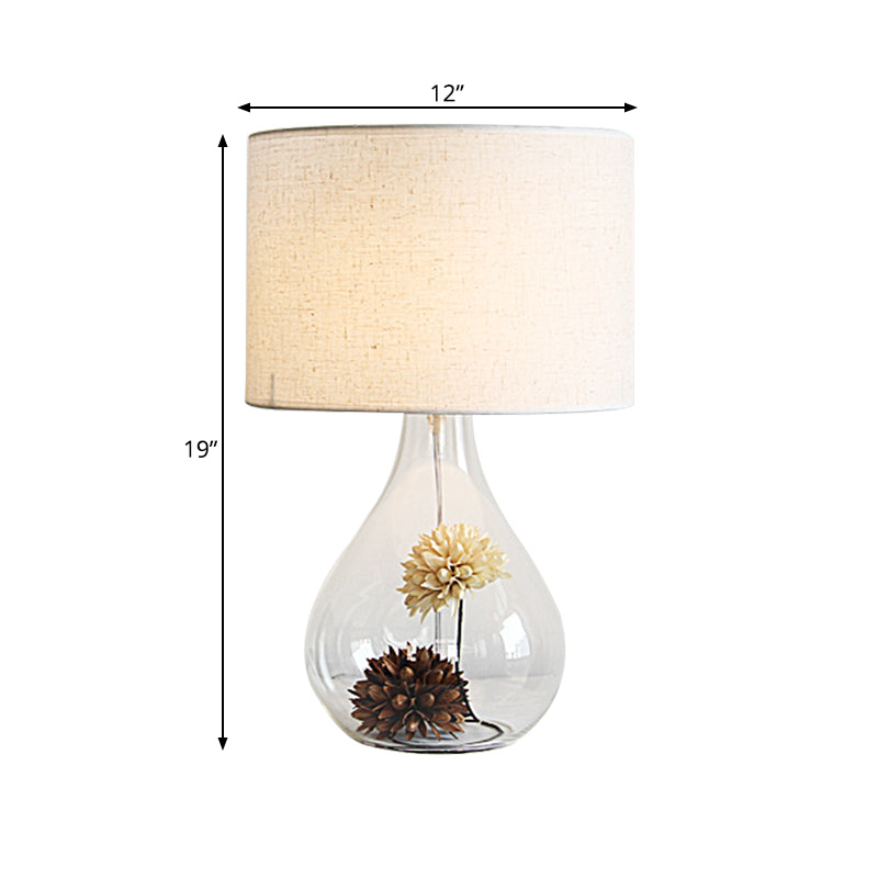 Lara - Pastoral White Drum Night Light Pastoral Fabric 1-Light Cafe Table Lamp with Vase Clear Glass Base and Dried Flower