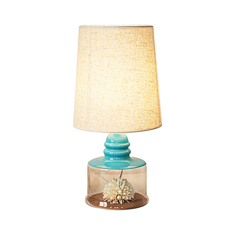 Jade - Pastoral Pastoral Bucket Table Lamp 1-Bulb Fabric Night Light in Clear/Blue/Black with Dried Flower and Glass Base