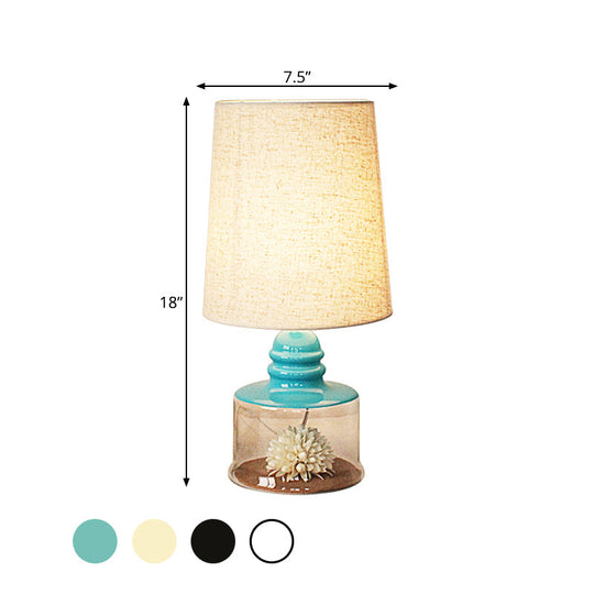 Pastoral 1-Bulb Fabric Night Light With Dried Flower And Glass Base - Clear/Blue/Black Bucket Table