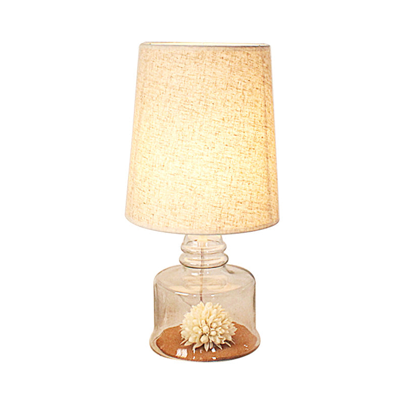 Pastoral 1-Bulb Fabric Night Light With Dried Flower And Glass Base - Clear/Blue/Black Bucket Table