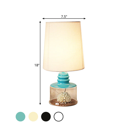Pastoral Fabric 1-Head Barrel Table Light With Dried Flower Accents - Clear/Blue/Black