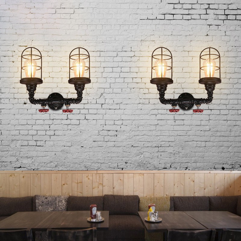 Vintage Caged Metal Shade Wall Mount Sconce With Red Valve And Pipe - Set Of 2 Bulb Lights Black