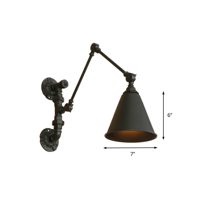 Swing Arm Wall Sconce Light - Industrial Metal Lamp With Conical Shade In Black For Study Room