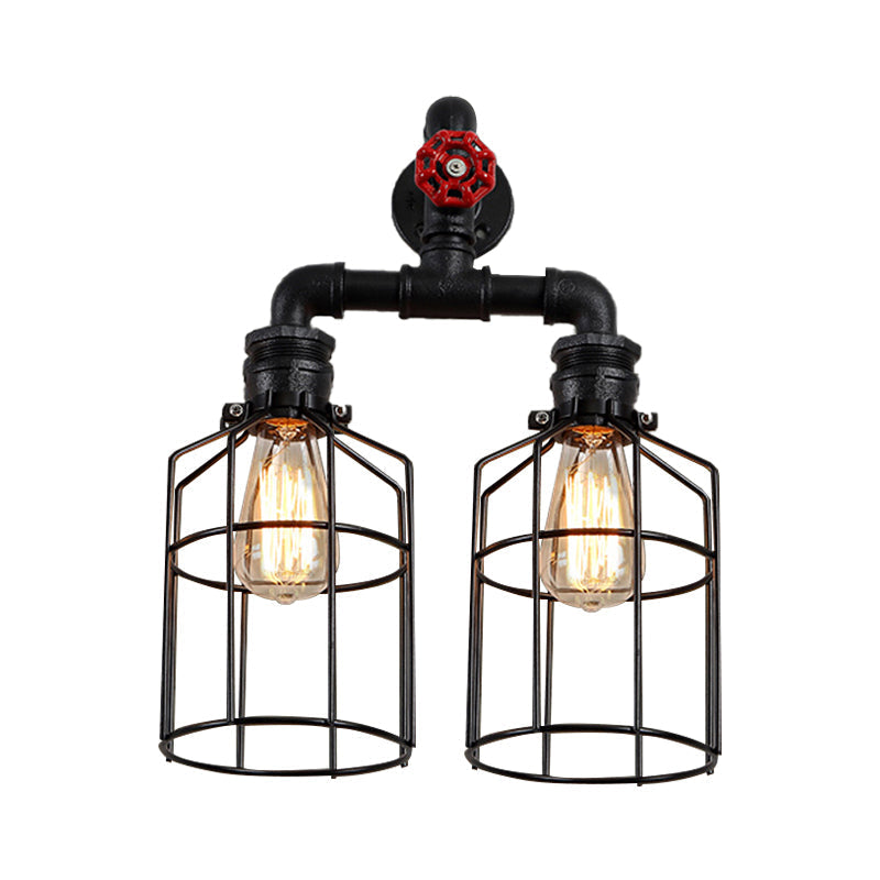 Industrial Double Caged Iron Sconce Lighting - 2 Lights Valve Wheel Black Wall Fixture For Hallways