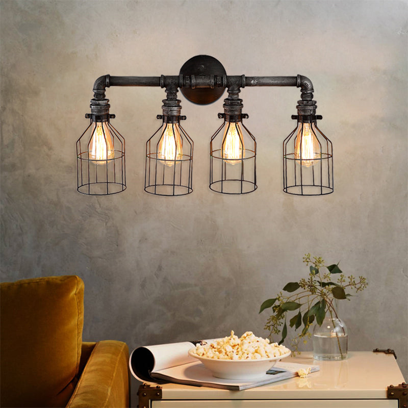 Steampunk Wall Light Fixture - Retro Style Aged Silver Sconce With Wire Guard (4 Lights)