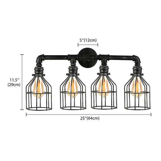 Steampunk Wall Light Fixture - Retro Style Aged Silver Sconce With Wire Guard (4 Lights)