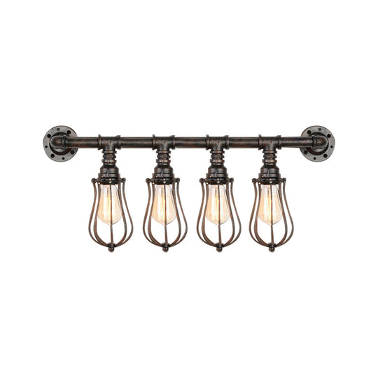 Bronze Nautical Wall Mount Light With Wire Cage And Pipe 4-Light Metal Sconce Lighting