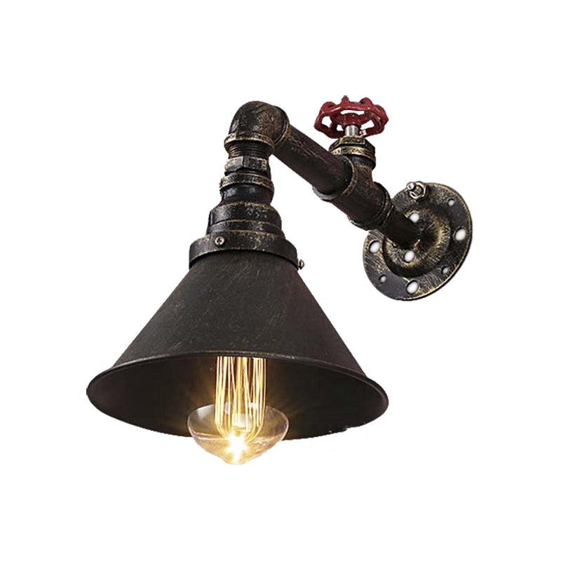 Vintage Brass Wall Sconce With Metal Cone Shade And Valve Décor - Antique Style Lamp Fixture