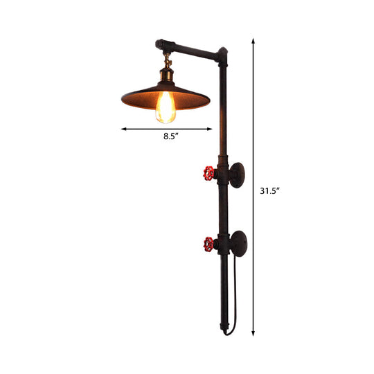 Industrial Style Flat Wall Sconce: 1-Light Black Metallic Pipe And Angle Arm Lamp