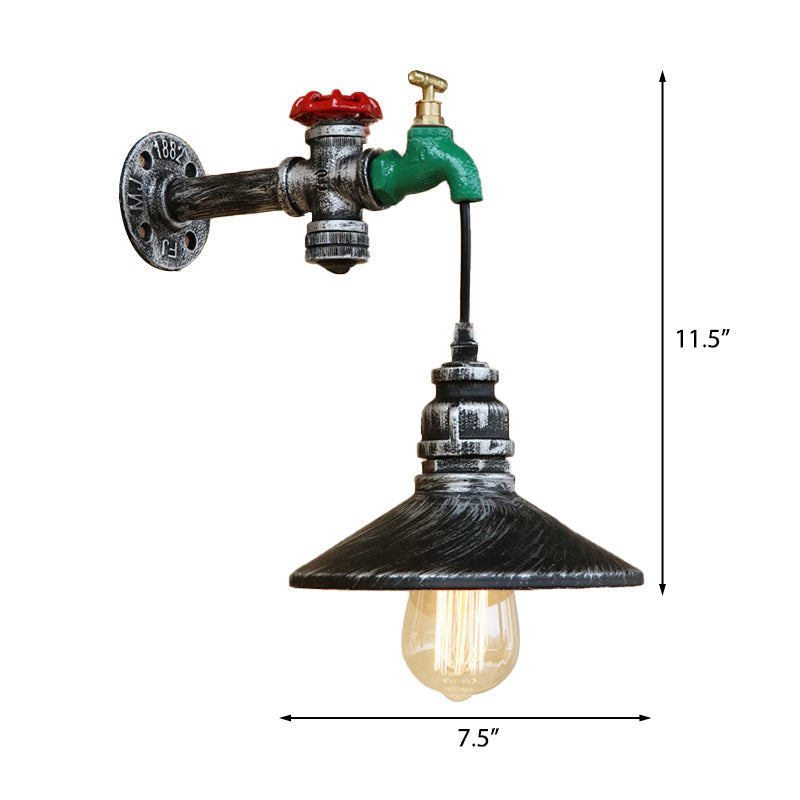 Steampunk Faucet Wall Light With Conic Shade - Aged Silver Finish