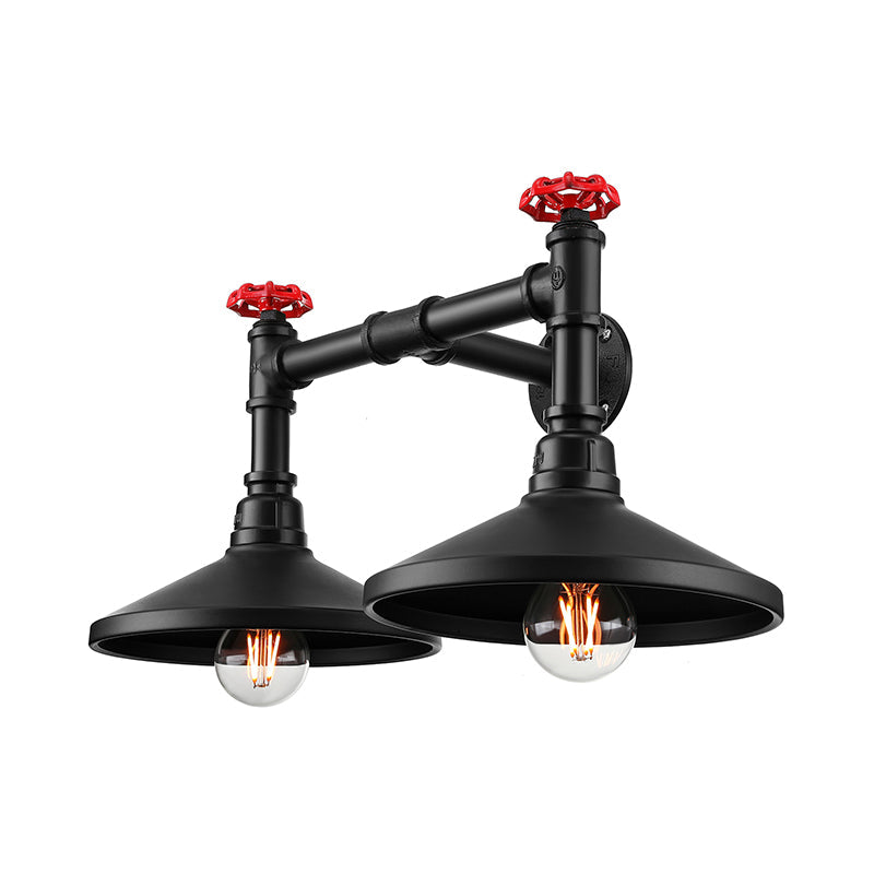 Black Industrial Cone Wall Mounted Light With Red Valve: 2 Heads Metal Lamp For Hallway