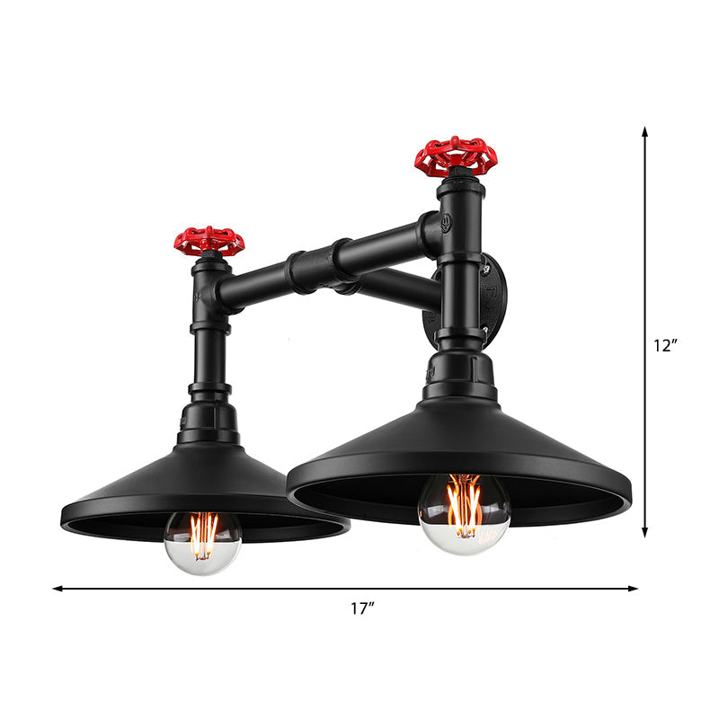 Black Industrial Cone Wall Mounted Light With Red Valve: 2 Heads Metal Lamp For Hallway