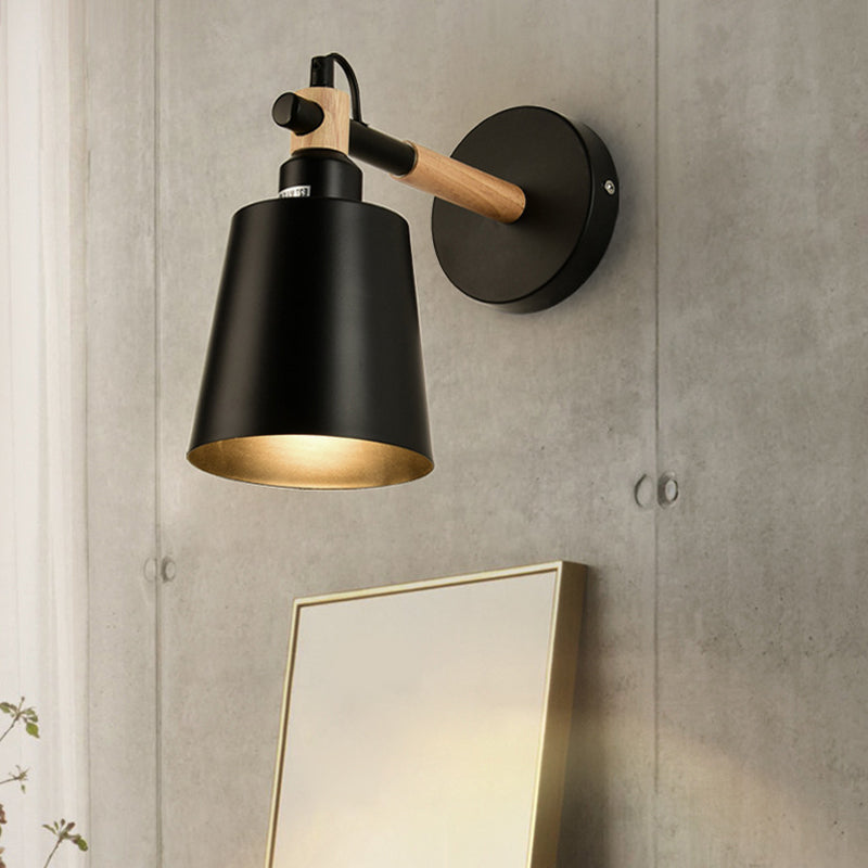 Modernist Style Wooden Joint Wall Sconce Fixture - Black Cylindrical Light For Bedroom