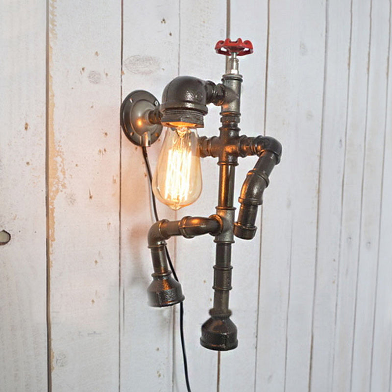 Vintage Robot Sconce Light With Exposed Bulb And Red Valve - Bronze Finish For Hallway Wall Lighting