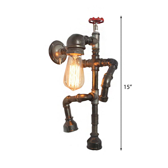Vintage Robot Sconce Light With Exposed Bulb And Red Valve - Bronze Finish For Hallway Wall Lighting