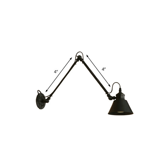 Swing Arm Retro Style Wall Lamp For Study Room - Conic Mount Fixture Black/Chrome Metal Design