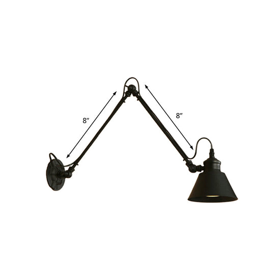 Swing Arm Retro Style Wall Lamp For Study Room - Conic Mount Fixture Black/Chrome Metal Design