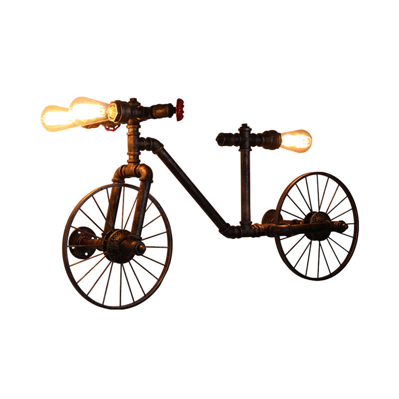 Antique Bronze Metallic Bicycle Wall Light With Farmhouse Pipe Detailing - 3-Light Sconce For Living