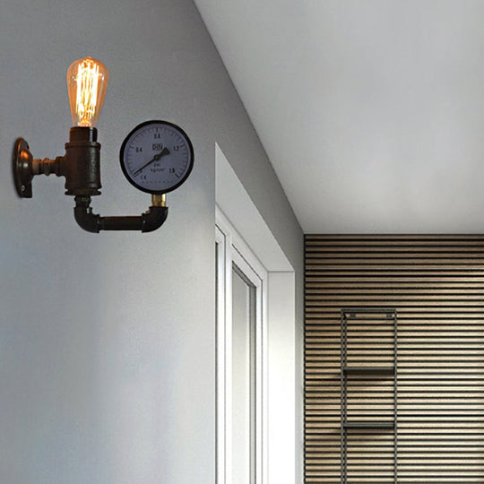 Industrial Metal Wall Sconce With Gauge/Faucet Decoration - Black 1-Light Mini Lighting For Living