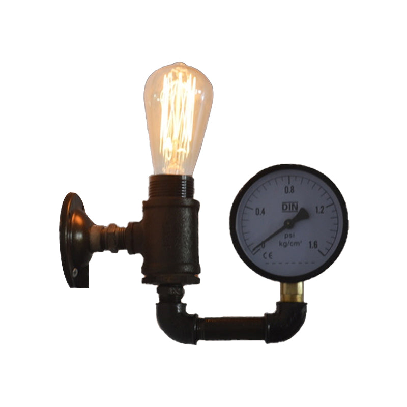 Industrial Metal Wall Sconce With Gauge/Faucet Decoration - Black 1-Light Mini Lighting For Living