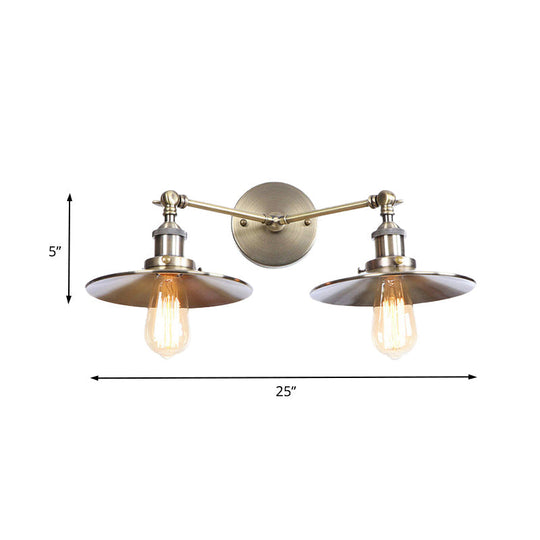 Industrial Style Brass/Rust Metal Wall Mount Fixture With Flat Shade For Corridor - Set Of 2 Bulbs