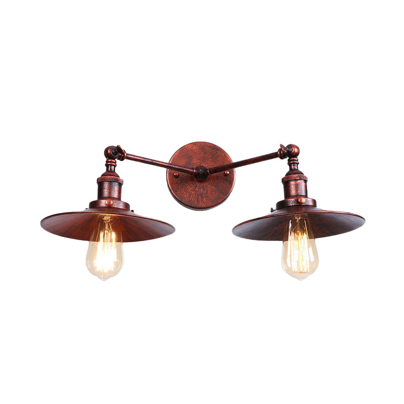 Industrial Style Brass/Rust Metal Wall Mount Fixture With Flat Shade For Corridor - Set Of 2 Bulbs