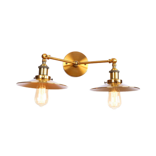 Industrial Style Brass/Rust Metal Wall Mount Fixture With Flat Shade For Corridor - Set Of 2 Bulbs