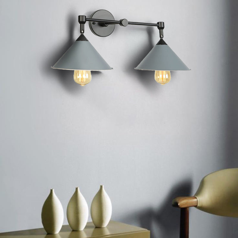 Industrial Vintage Wall Sconce With 2 Cone Lights - Metal Lamp For Restaurants In Black/Grey Grey
