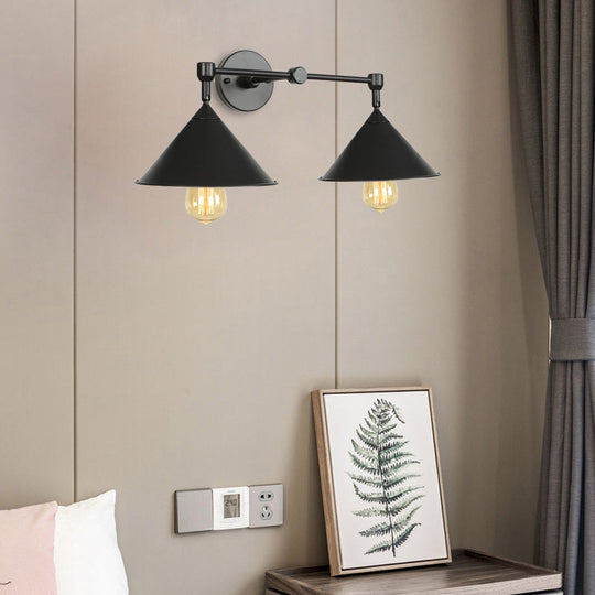 Industrial Vintage Wall Sconce With 2 Cone Lights - Metal Lamp For Restaurants In Black/Grey Black