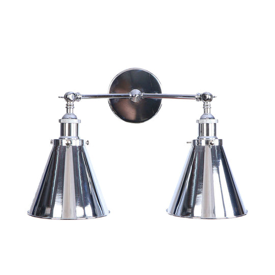 Retro-Style Iron 2-Light Polished Chrome Conic Wall Mount Fixture For Dining Room Lighting