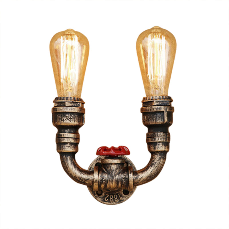 2-Head Wall Lighting In Warehouse Style: U-Shaped Wrought Iron Sconce With Aged Brass Pipe Fixture