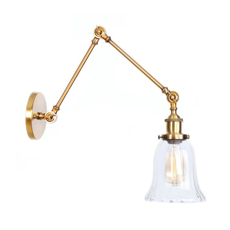 Vintage Style Brass Flared Wall Lighting With Clear Textured Glass - 1 Light Sconce Fixture For