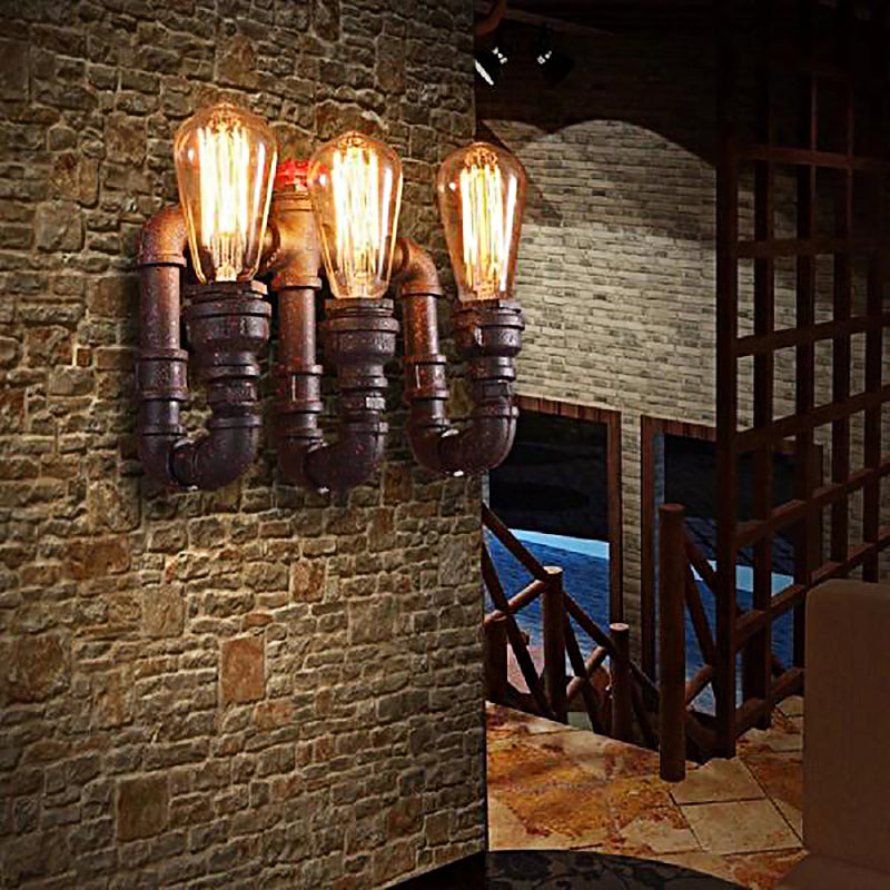 Vintage Style Rust Water Pipe Wall Sconce Light With Exposed Bulb - 3 Lights Iron Lamp