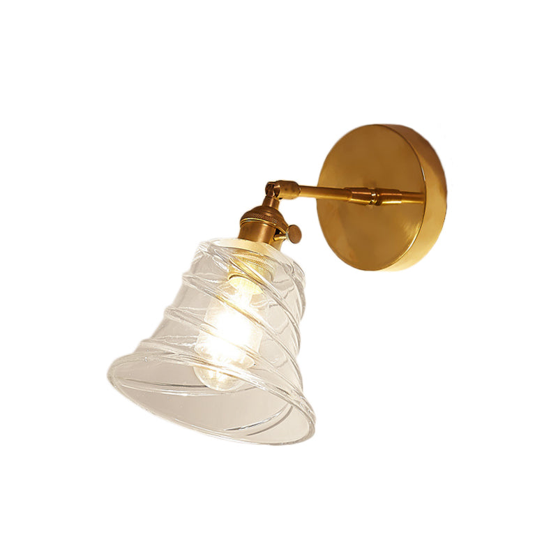 Industrial Brass Wall Sconce Lamp - Flared Clear Swirl Glass Bedroom Lighting