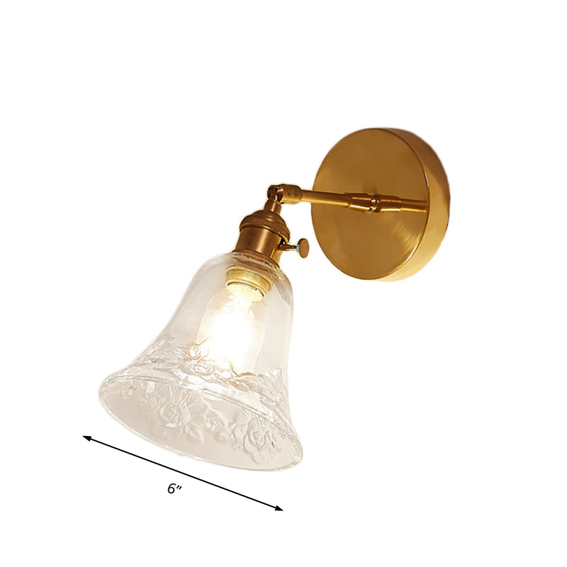 Rustic Brass Bell Wall Sconce: Clear Glass Bedroom Lighting Fixture With Flower Detail