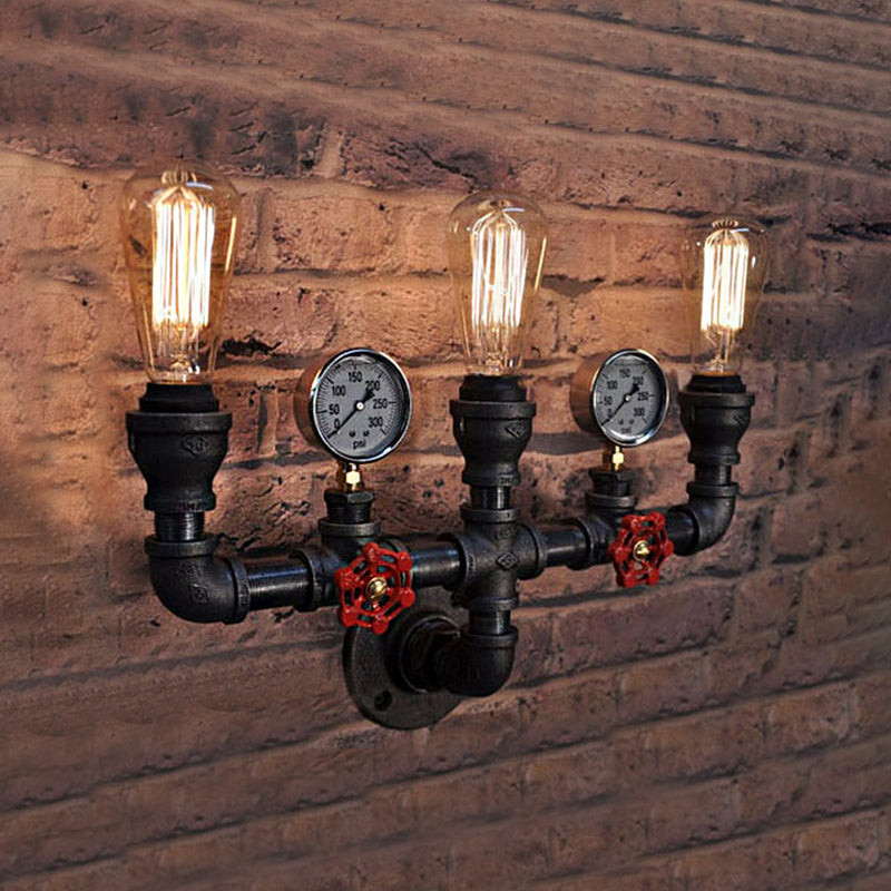 Steampunk Restaurant Wall Lighting In Black: 2/3-Lights Mount With Metal Pipe And Gauge 3 / Black