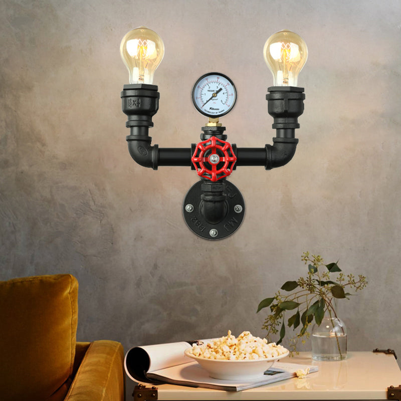 Steampunk Restaurant Wall Lighting In Black: 2/3-Lights Mount With Metal Pipe And Gauge 2 / Black