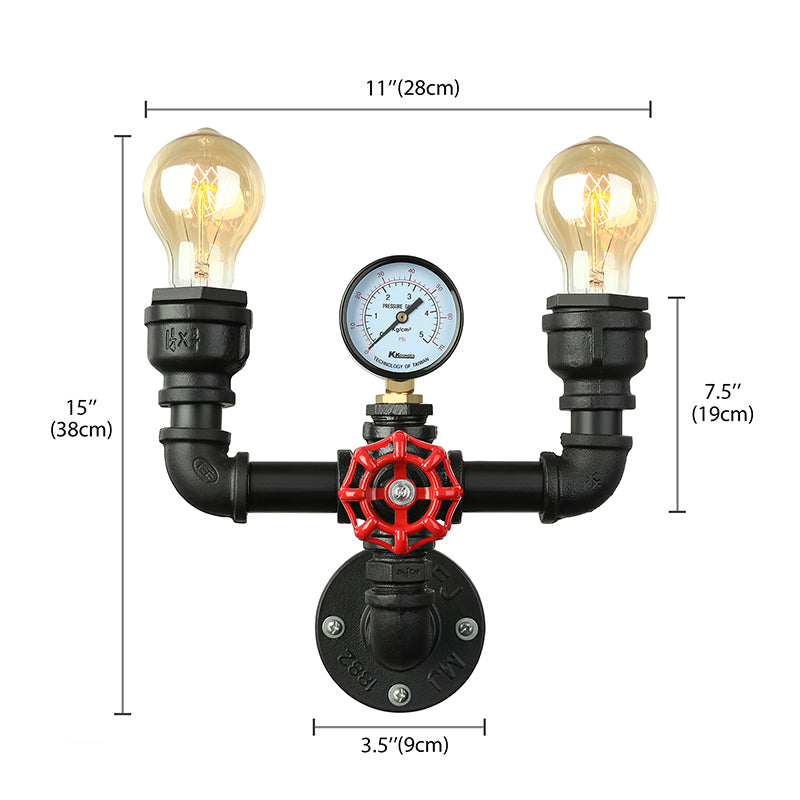 Steampunk Restaurant Wall Lighting In Black: 2/3-Lights Mount With Metal Pipe And Gauge