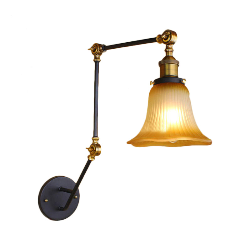 Adjustable Arm Amber Glass Black Wall Sconce With Bell Shade - 1-Light Industrial Light Fixture