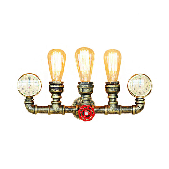 Rustic Antique Brass Metal Wall Mount Light With 3 Pipes Gauge And Valve Decoration