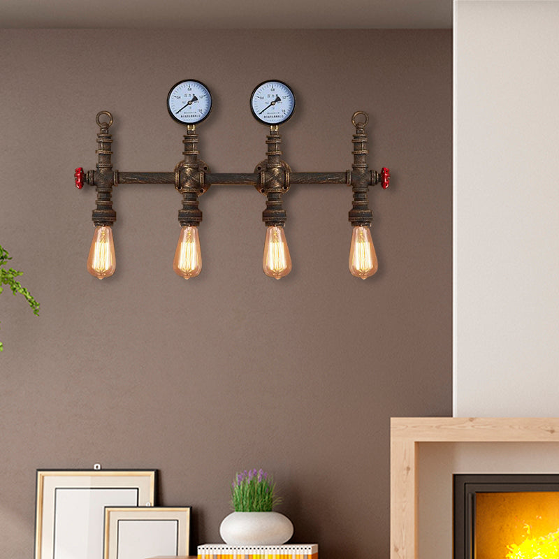 Industrial Style Pipe Wall Lamp Bronze Finish - 4 Lights Living Room Sconce With Gauge