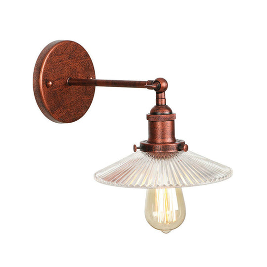Rustic Copper 1-Light Scalloped Sconce With Ribbed Glass - Wall Lamp For Dining Table
